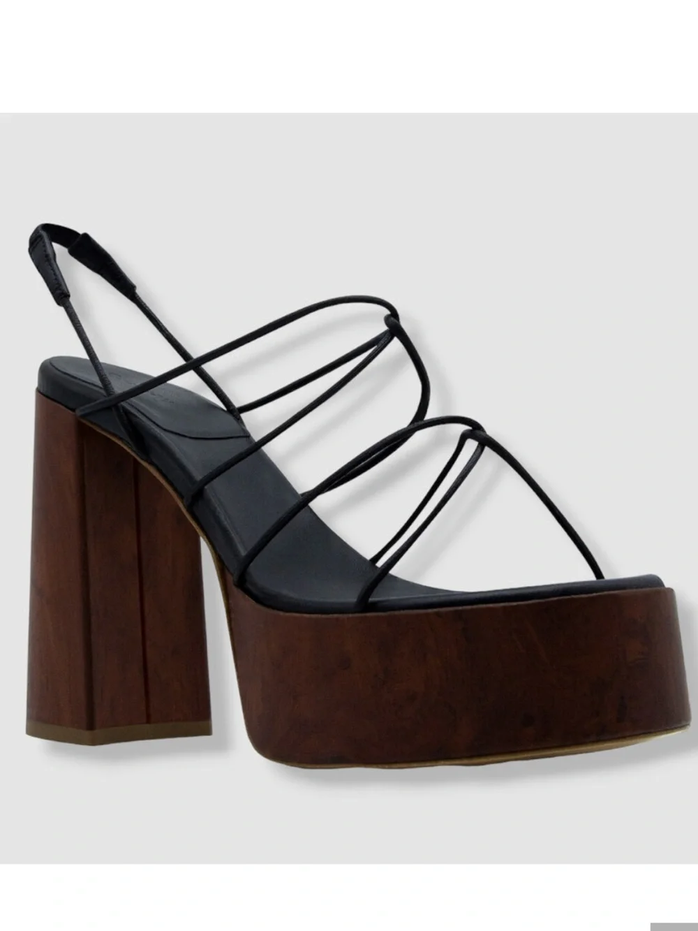 Gia Borghini Black Strappy Platform Sandal with Brown Wood Block Heel